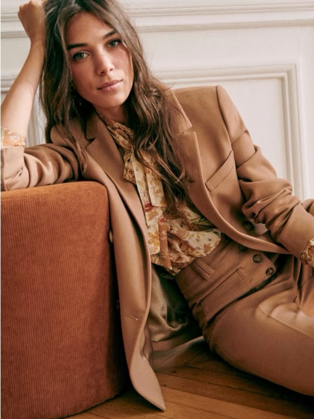 SEZANE Orange Tan Boho Floral Patchwork Flowy Chiffon Tie Back Solange Blouse - Picture 10 of 17